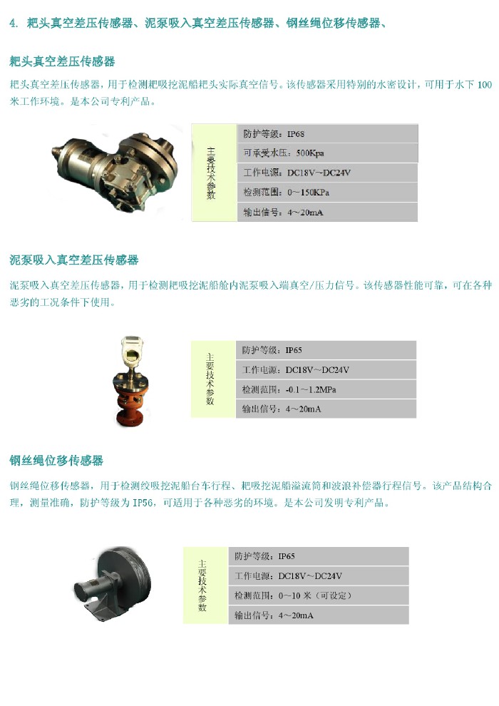 耙頭真空差壓傳感器、泥泵吸入真空差壓傳感器、鋼絲繩位移傳感器、